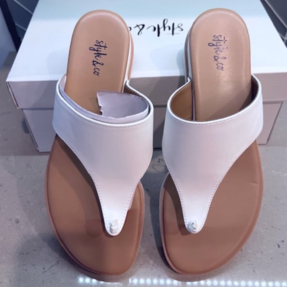 Style & Co. White and Tan Thong Sandals